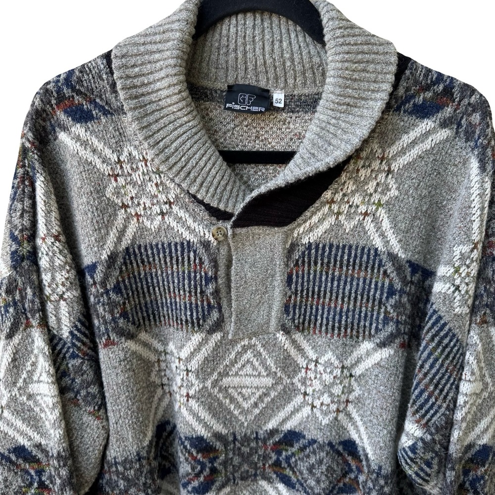 Fischer Vintage 90s Geometric Shawl Neck Oversized Knit Grandpa Sweater Mens - Picture 3 of 10